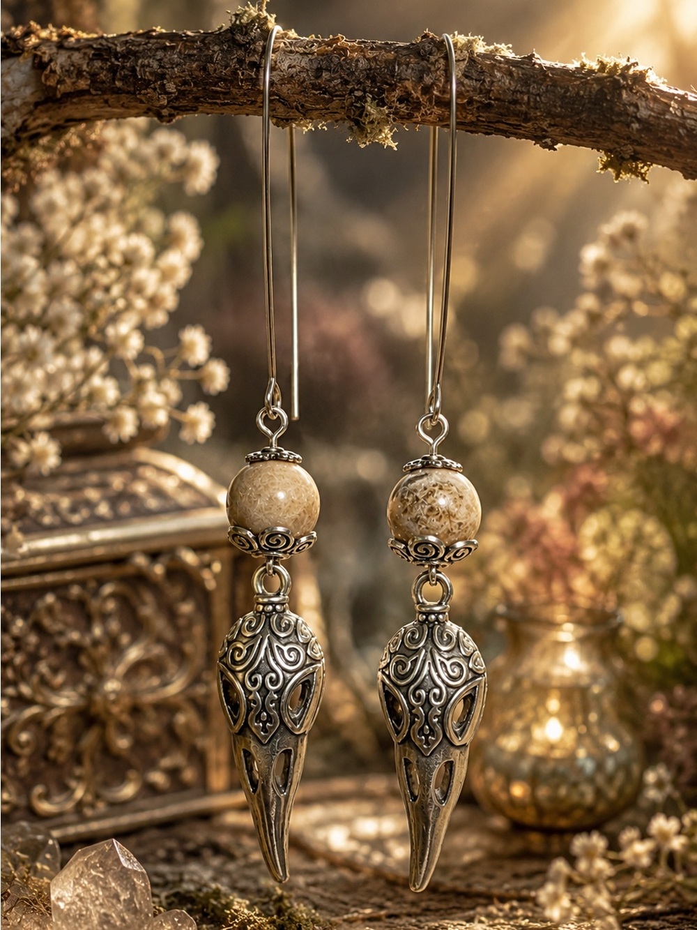 Raven Skull Stone Bead Earrings Antique Silver Gothic Bird Lover Handmade